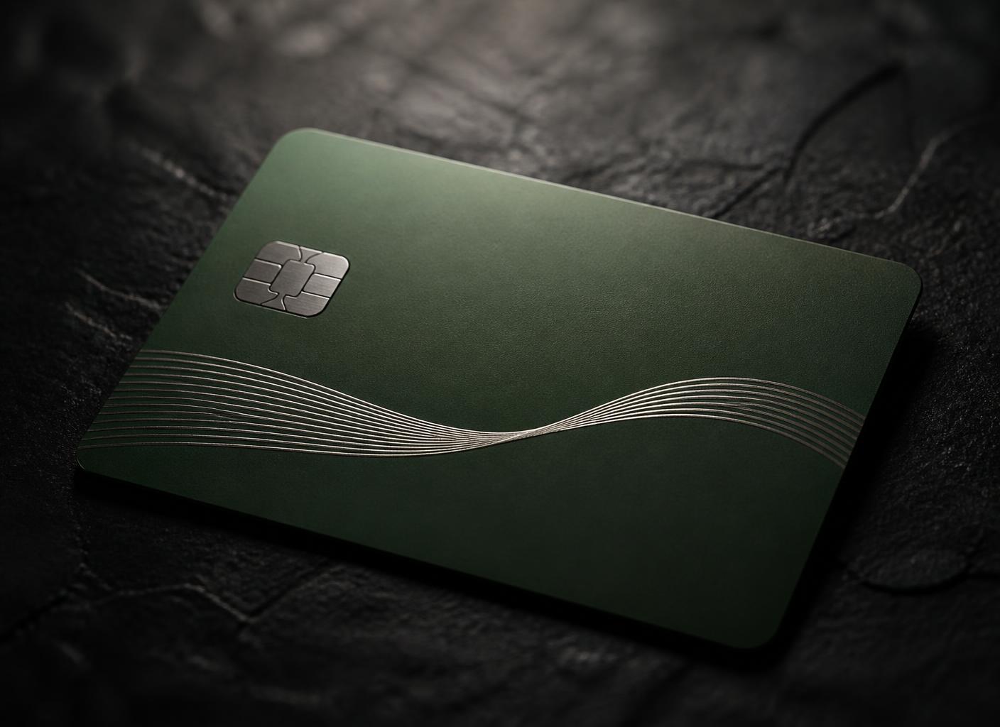 A premium deep-green Schelden Bank card with a silver wave engraving