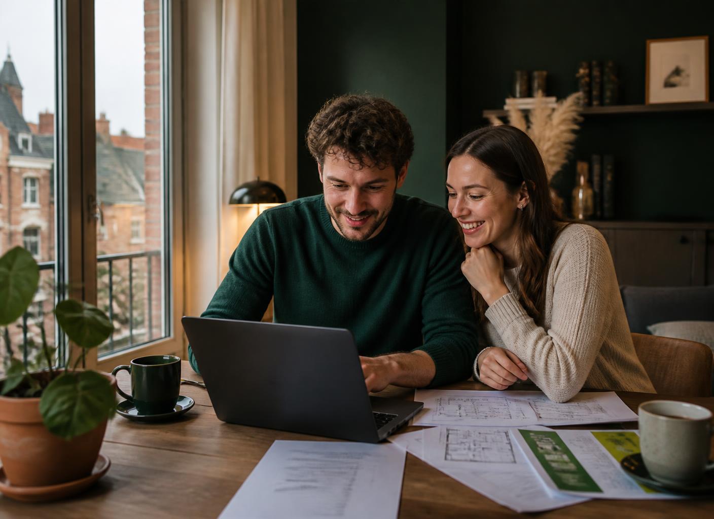 A couple reviewing their household finances together at home in Belgium
