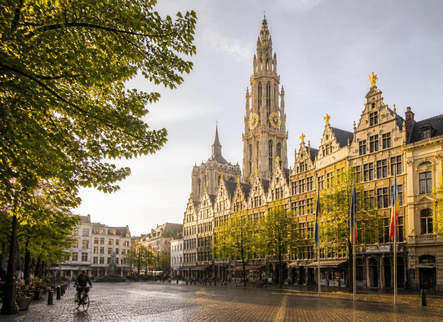 The Grote Markt in Antwerp with its guild houses and cathedral tower